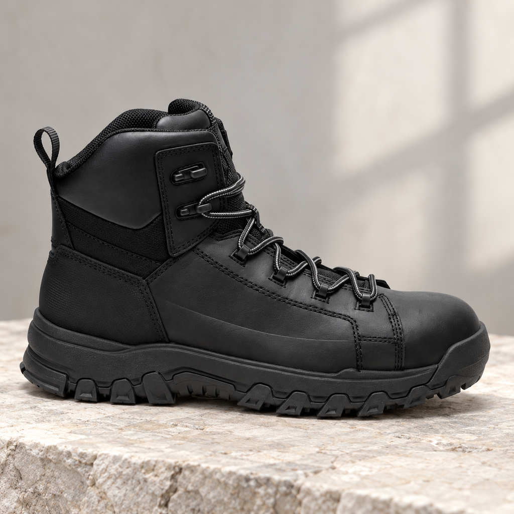 Bota negra de cuero con cuello acolchado, cordones grises y suela segmentada sobre piedra clara